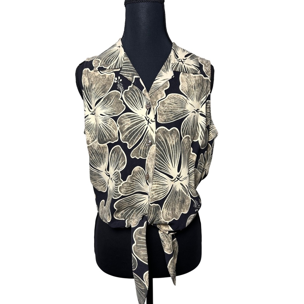 Tommy Bahama Women Silk Hibiscus Floral Tie Front Sleeveless Crop Blouse M Beach